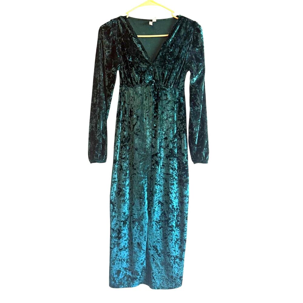 ASOS Women's Dress Emerald Green Crushed Velvet Midi V-neck Fairy Festive Sz 0